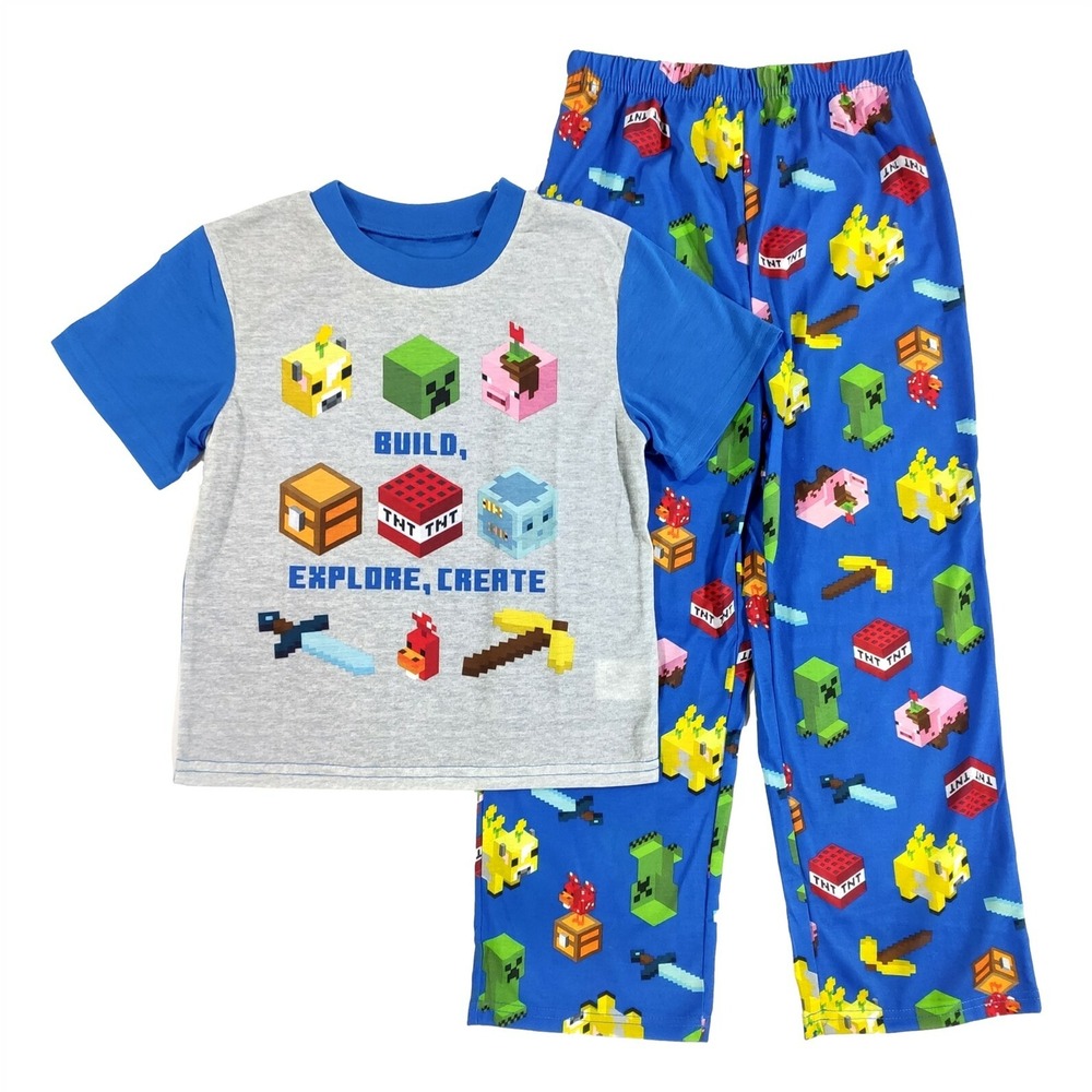 Minecraft Pajama Set Boys Size 8 Blue Grey Creeper Gamer Kids 2pc PJ